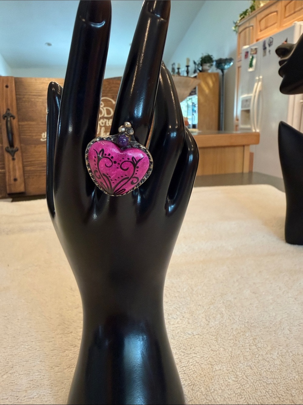 Mexican Sacred Heart Ring in Pink w/Black, Purple & Silver - ADJUSTABLE